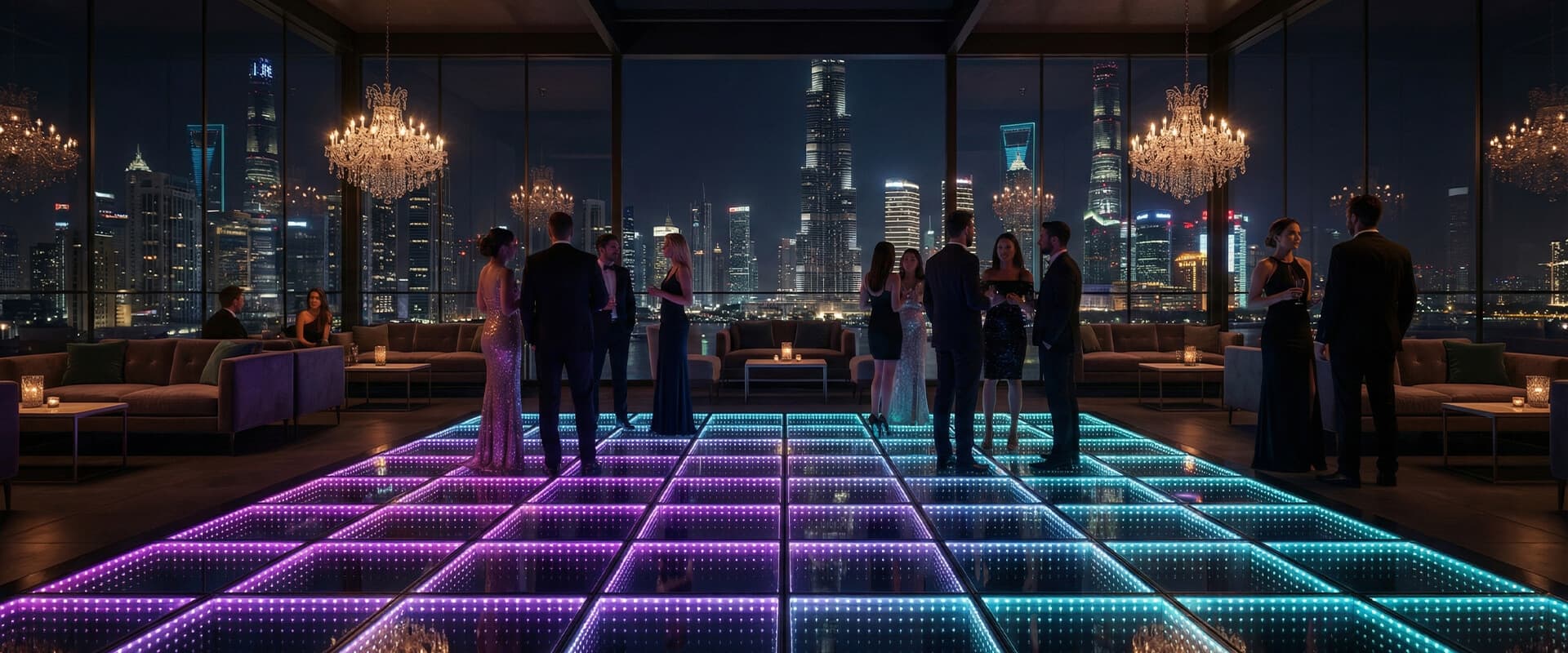 Infinity mirror LED dance floor illuminated in purple and blue at an evening event